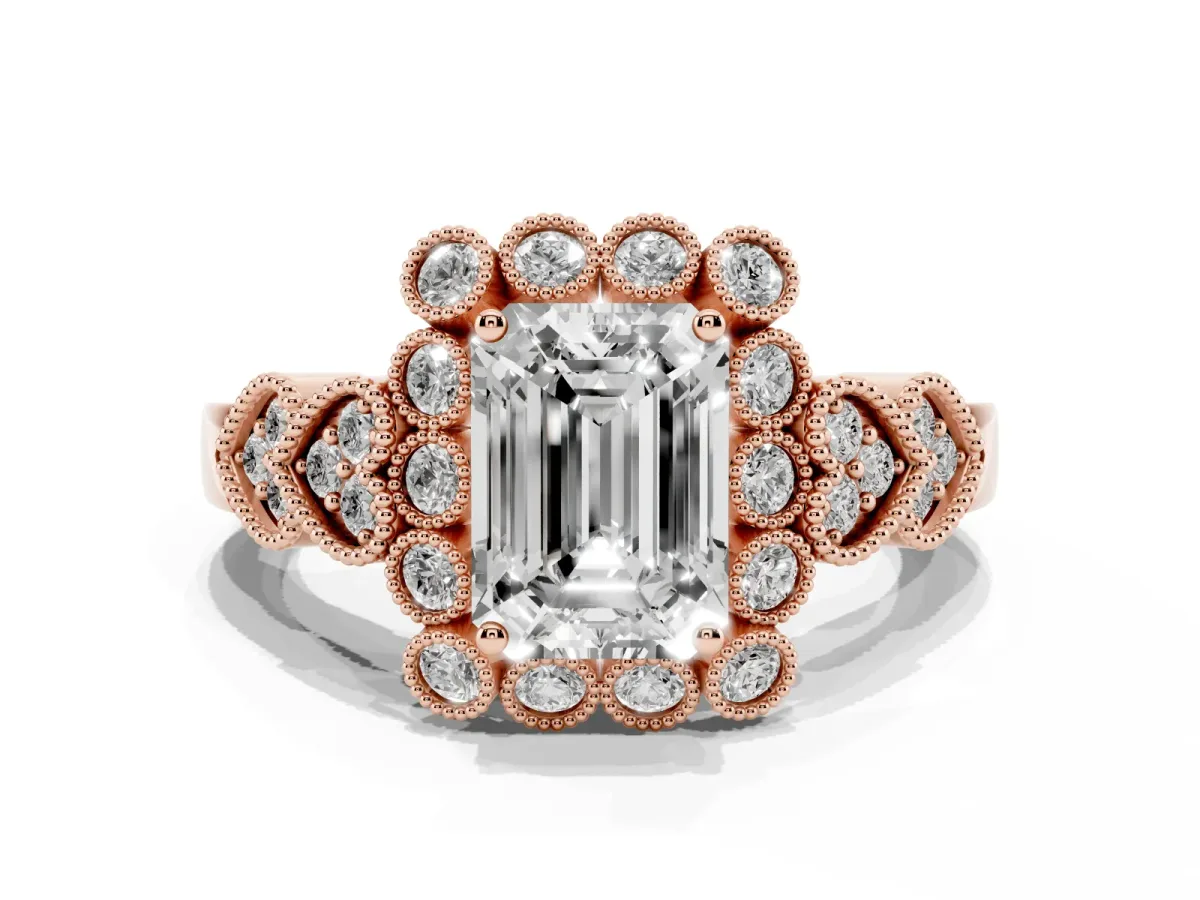 Emerald Cut Brilliant Milgrain Pave Heart Band Solitaire Ring Rose gold