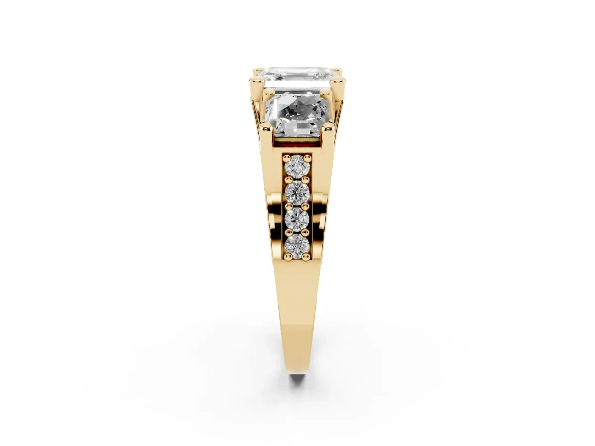 Asscher Cut Diamond Three-Stone Ring with Channel Set Band and Four-Prong Setting Yellow gold