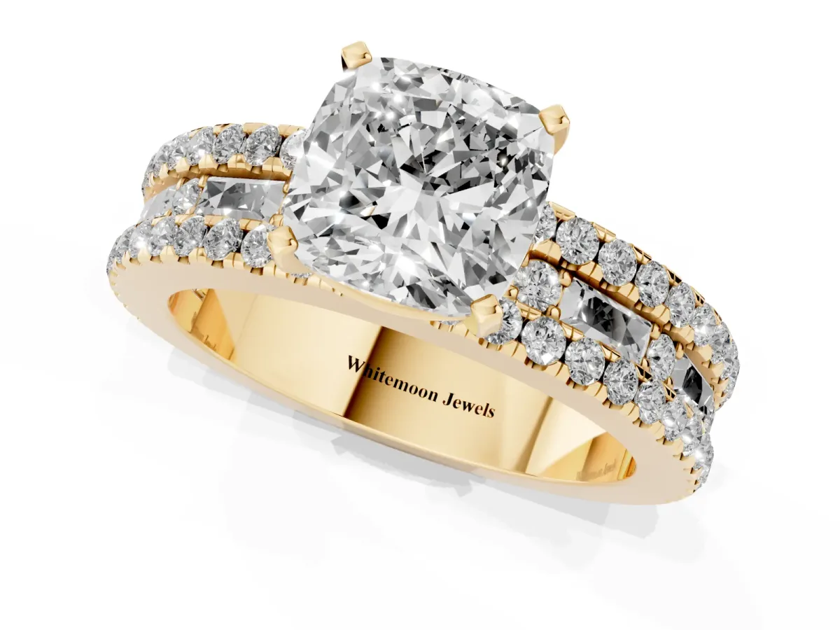 Cushion Cut Diamond Solitaire Ring with Pavé and Channel Set Band Yellow gold