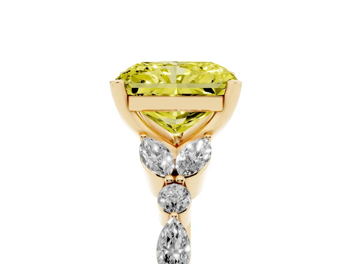 Fancy Yellow Radiant Cut Diamond Solitaire Ring with Side Stones and Four-Prong Setting Yellow gold