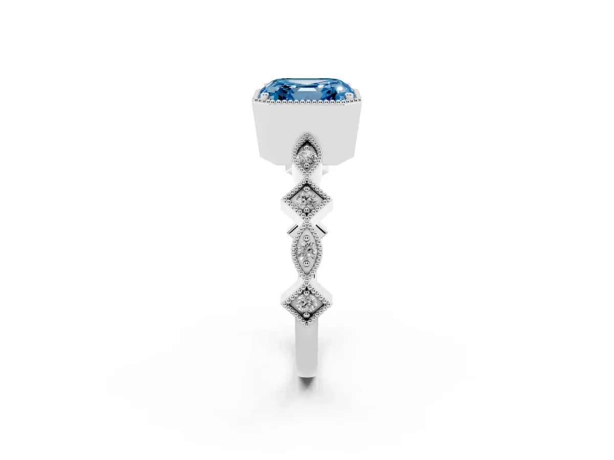 Fancy Blue Asscher Cut Milgrain Marquise Diamond Twist Band Ring Silver