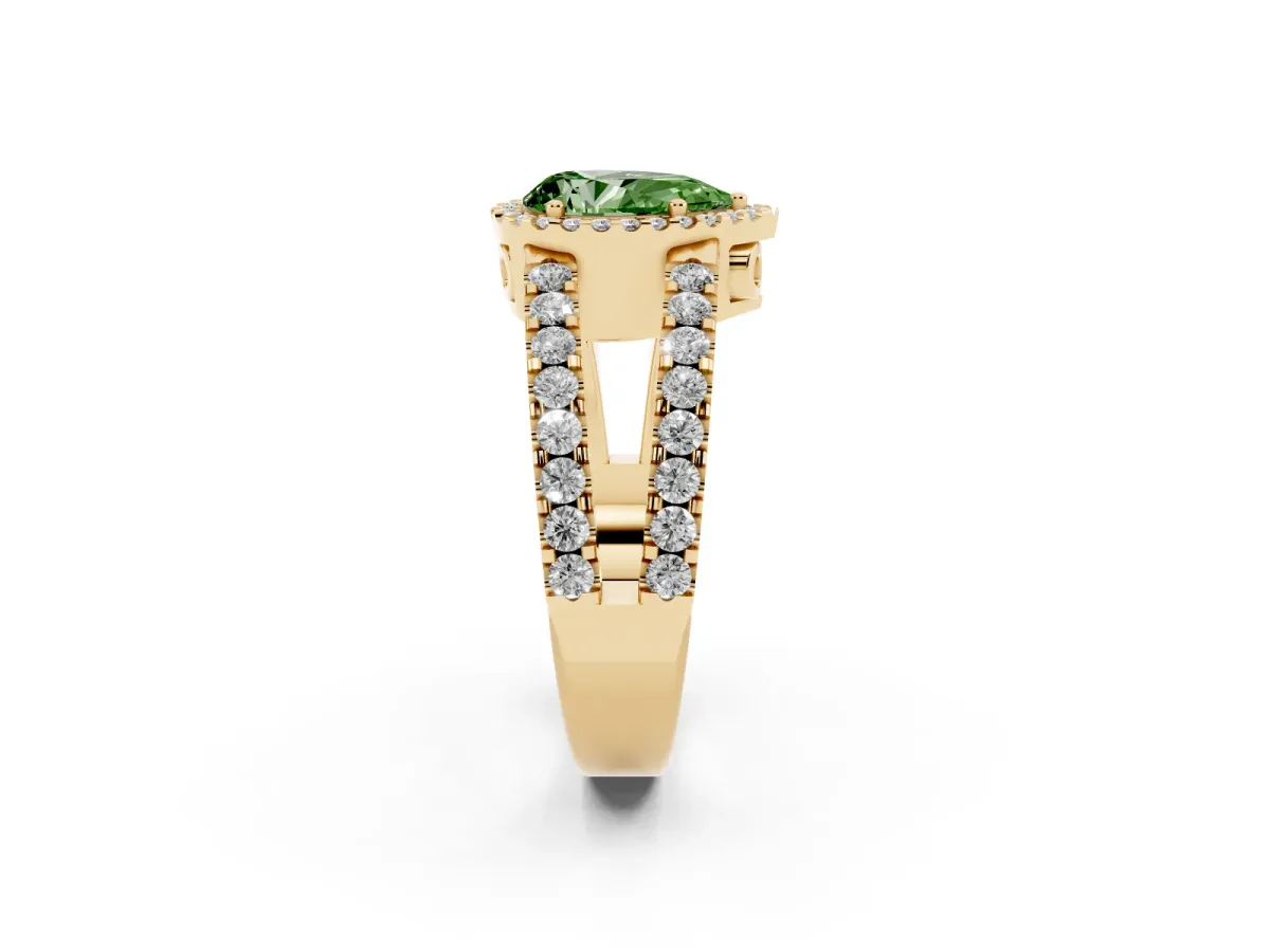 Fancy Green Pear Cut Cut Halo Split Shank Diamond Ring with Four-Prong Setting Yellow gold