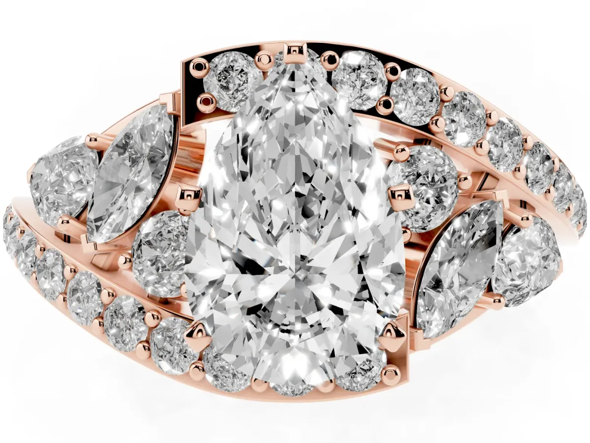 Pear Cut Diamond Halo Ring with Marquise and Pavé Band in Prong Setting Rose gold