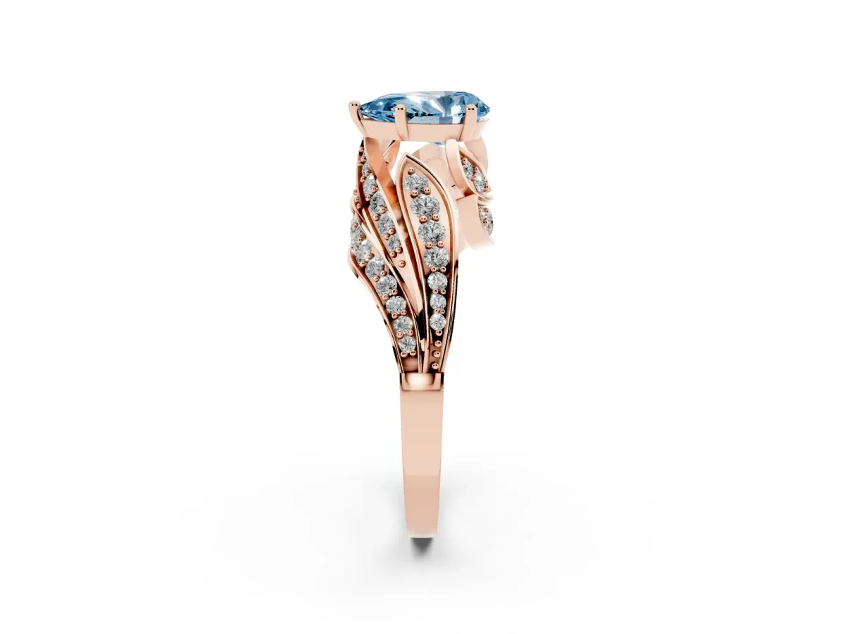 Fancy Blue Pear Cut Diamond Solitaire Ring with Prong Setting and Twisted Pavé Band Rose gold