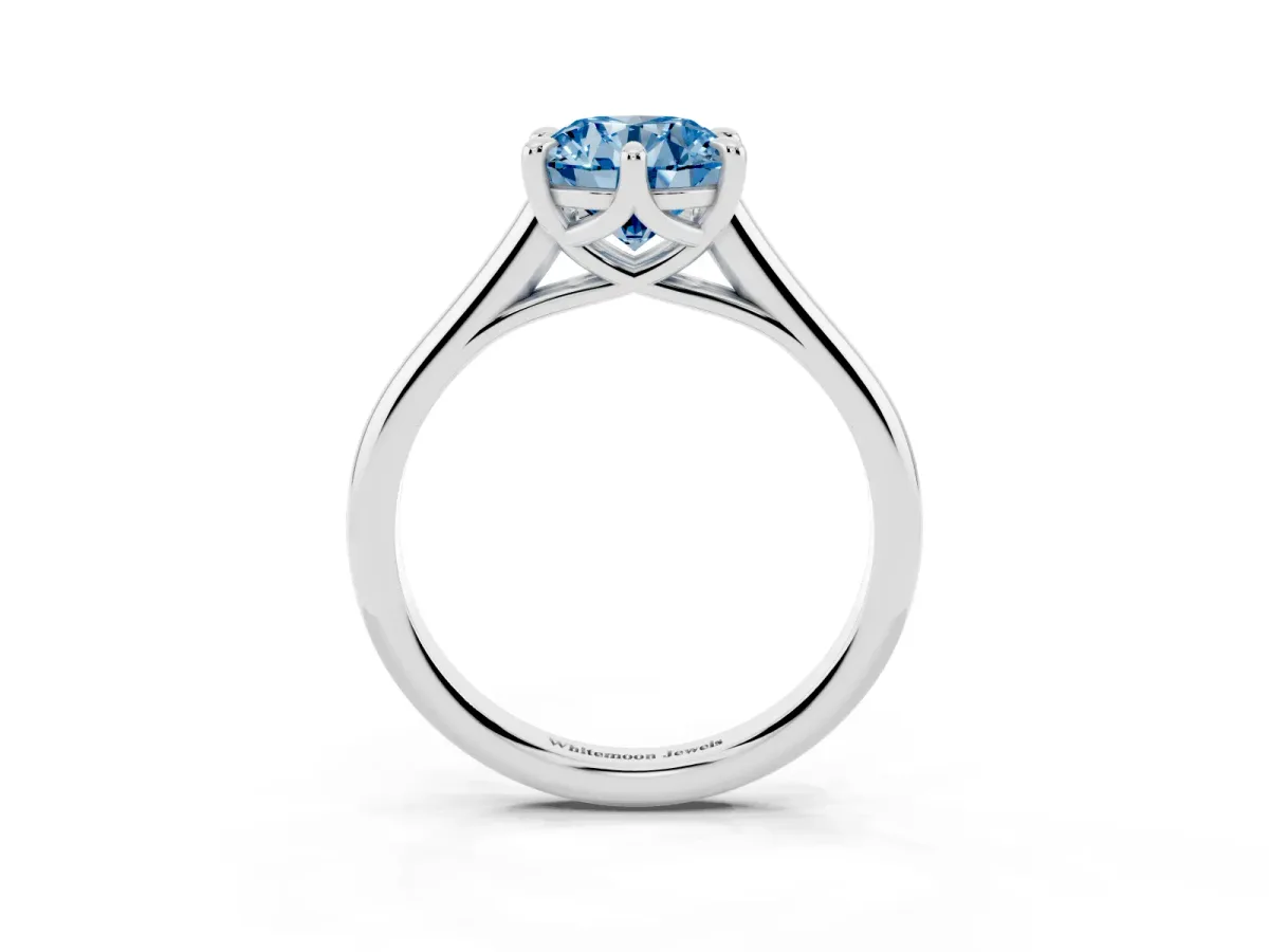 Fancy Blue Round Cut Solitaire Engagement Ring with Six-Prong Setting and Classic Band Silver