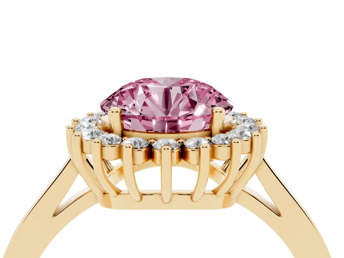 Fancy Pink Round Cut Cut Diamond Halo Ring with Round Brilliant Halo and Solitaire Band Yellow gold