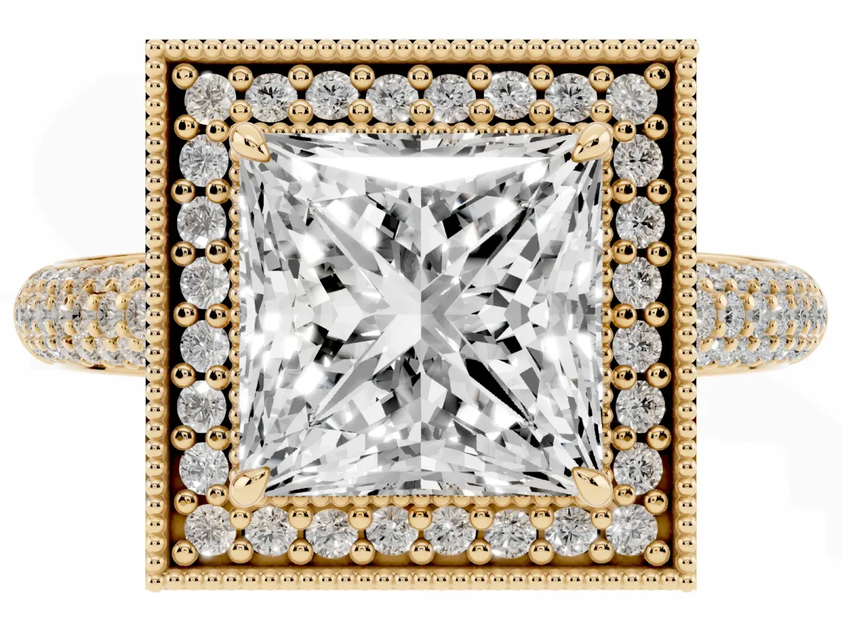 Princess Cut Cut Halo Diamond Pave Band with Four-Prong Setting Yellow gold