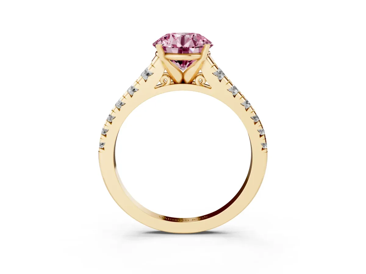Fancy Pink Round Cut Diamond Cathedral Solitaire Ring with Round Pavé Band Yellow gold