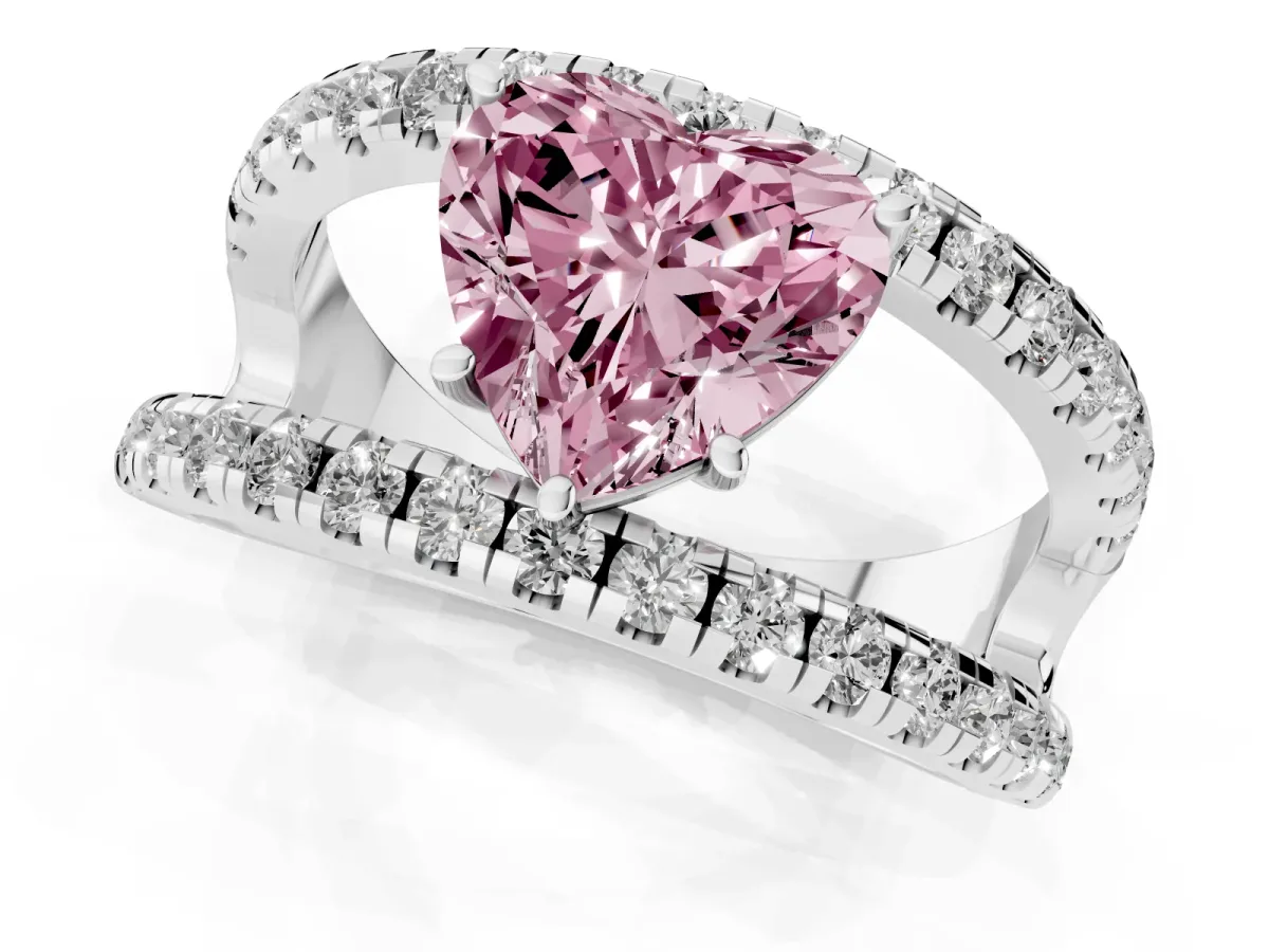 Fancy Pink Heart Cut Solitaire Split Shank Pave Diamond Ring White gold