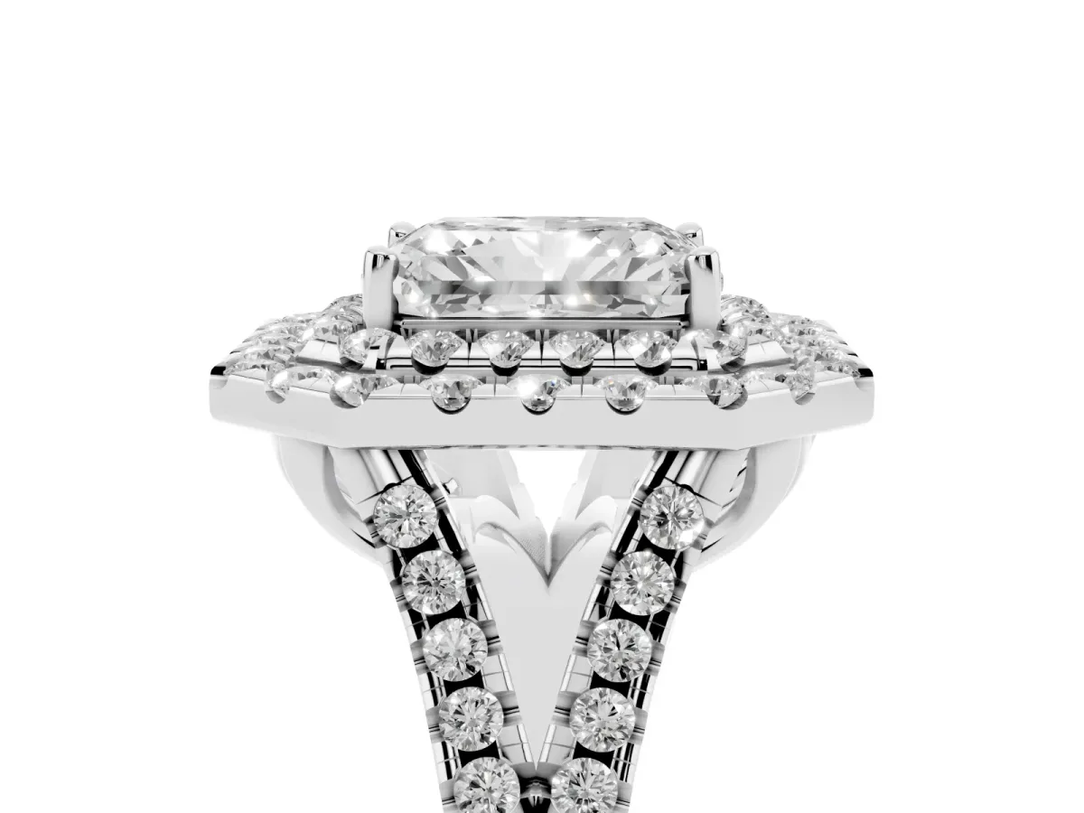 Double Halo Radiant Cut Diamond Pavé Split Shank Ring with Prong Setting Silver