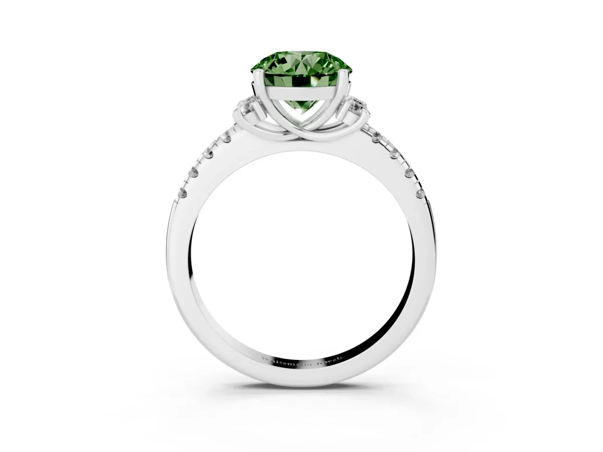 Fancy Green Round Cut Diamond Three-Stone Pave Band with Four-Prong Setting Silver