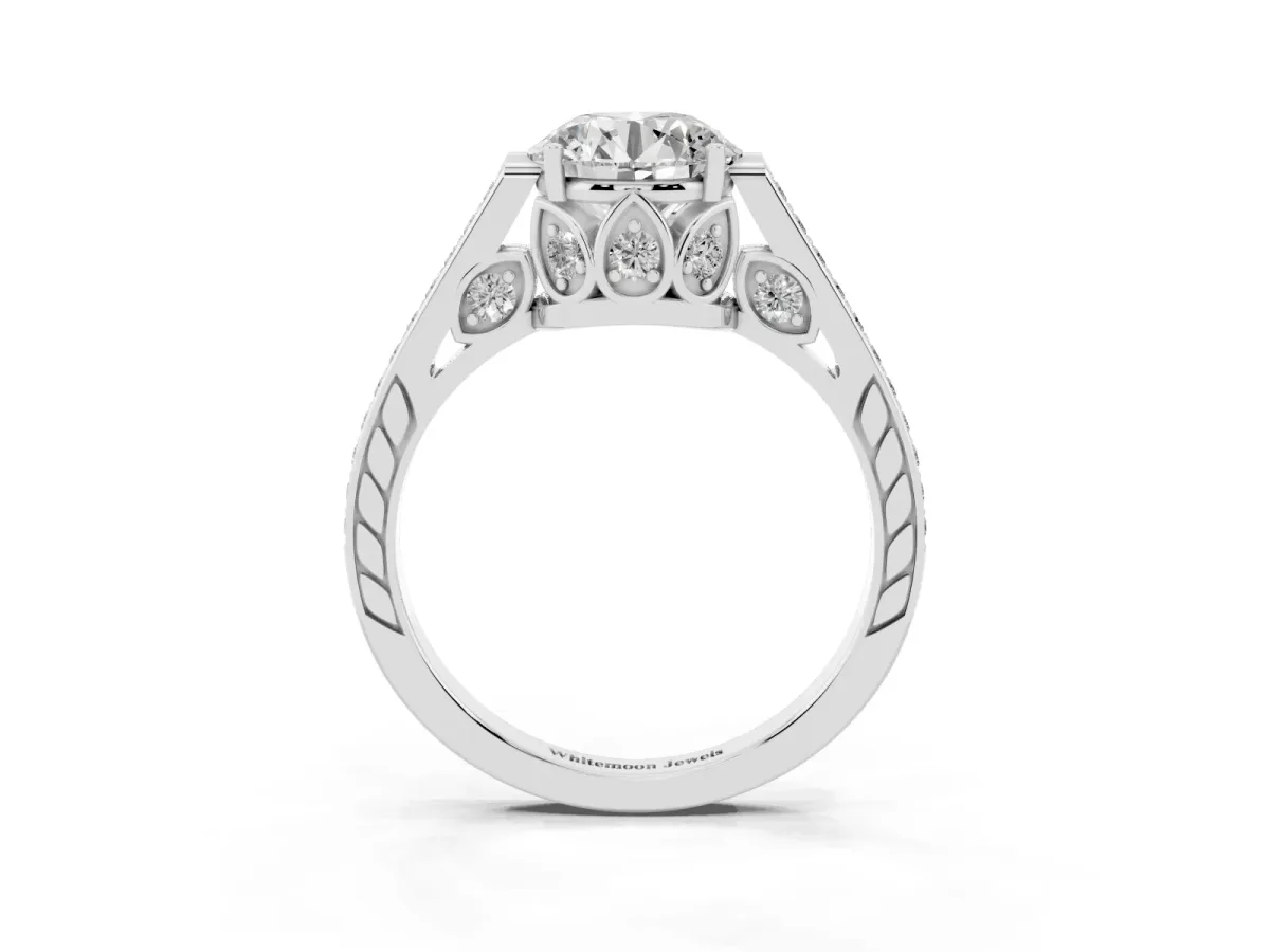 Round Cut Cut Cathedral Pave Diamond Engagement Ring with Six-Prong Setting Platinum