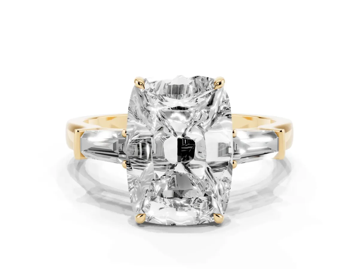 Old Mine Elongated Cushion Diamond with Side Tapered Baguette Three Stone Ring Yellow gold