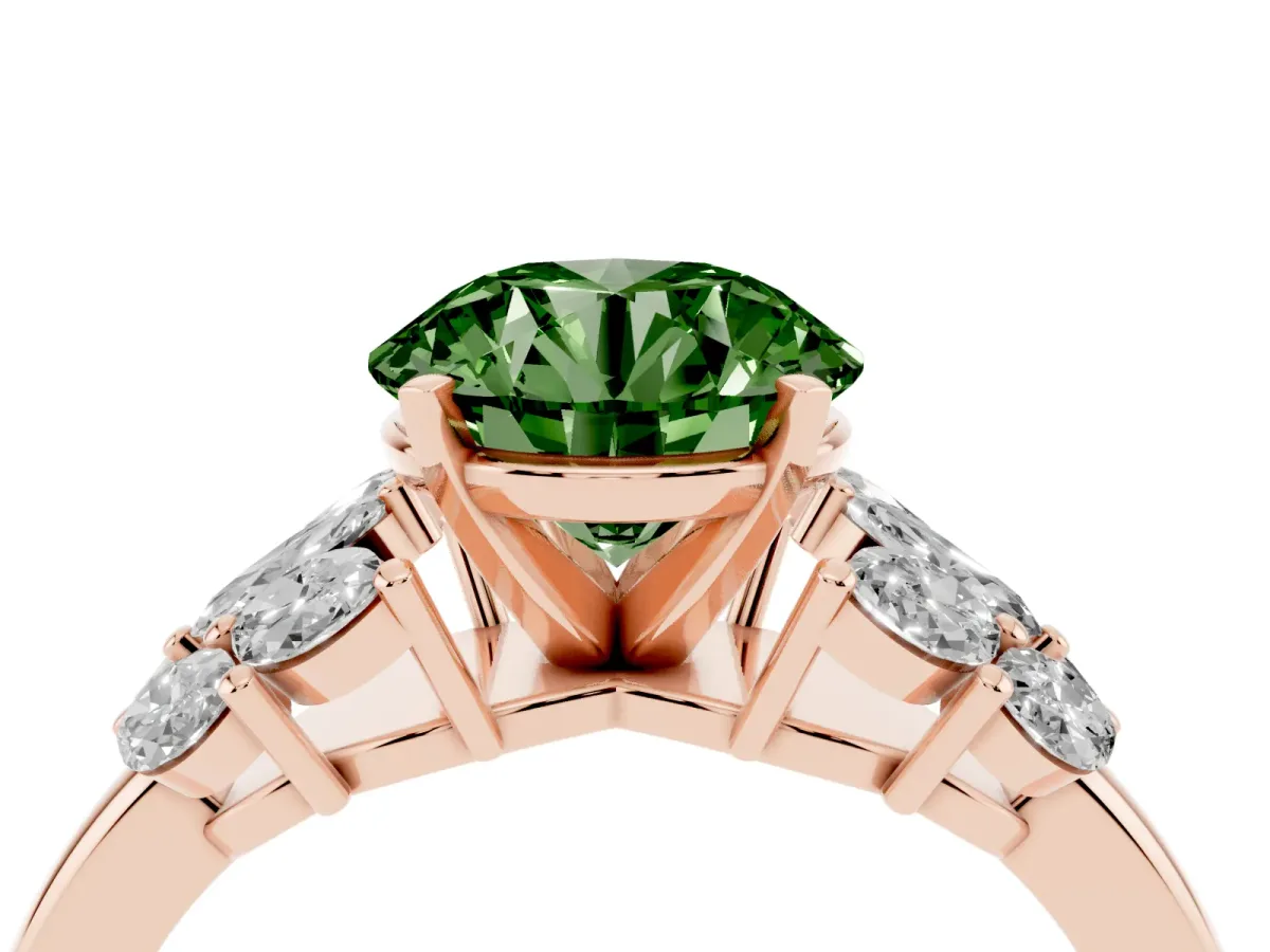 Fancy Green Round Cut Diamond Cluster Leaf Design Ring with Prong Setting Rose gold