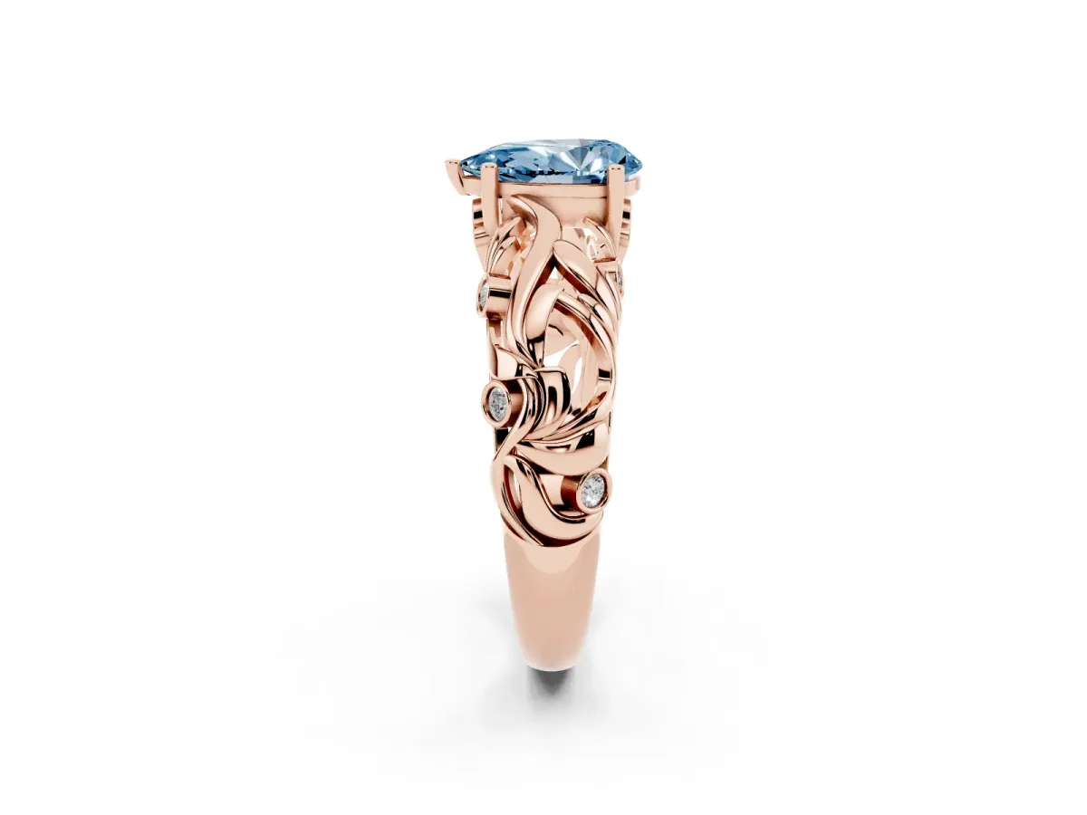 Fancy Blue Pear Cut Solitaire Diamond Leaf-Inspired Vine Band Ring with Prong Setting Rose gold
