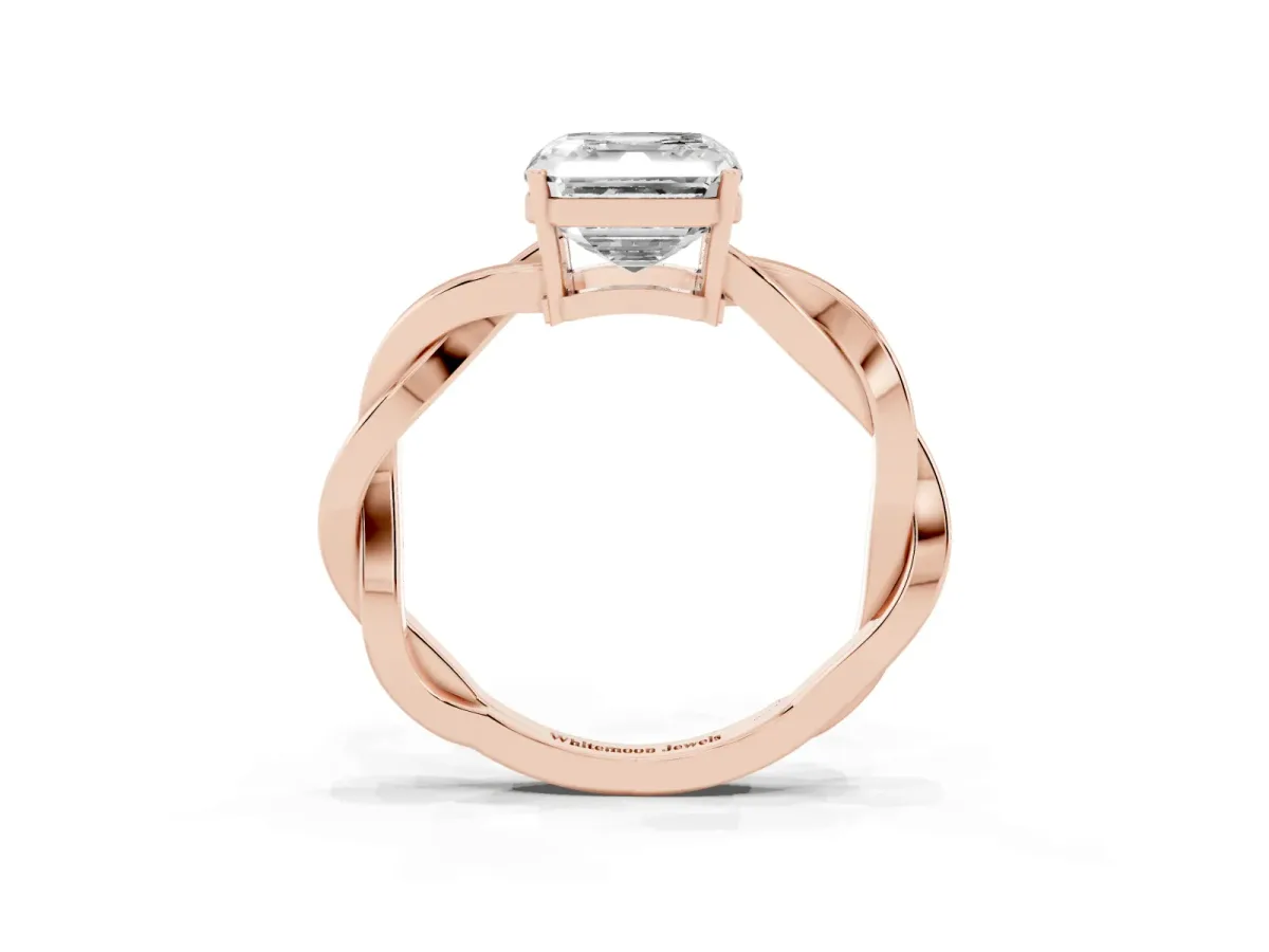 Asscher Cut Solitaire Twisted Pave Diamond Ring with Four-Prong Setting Rose gold