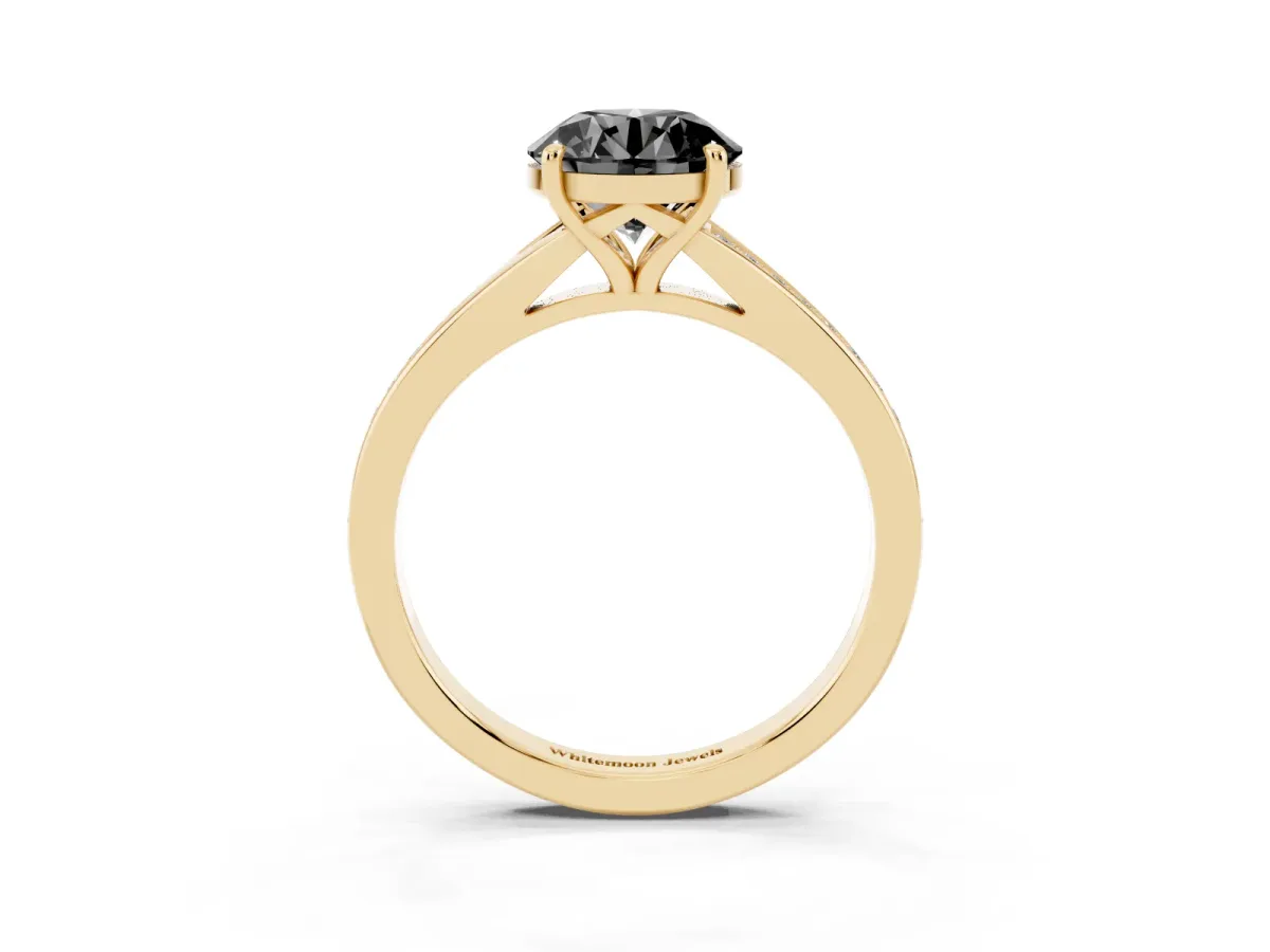 Fancy Black Round Cut Diamond Solitaire Ring with Pavé Band and Prong Setting Yellow gold