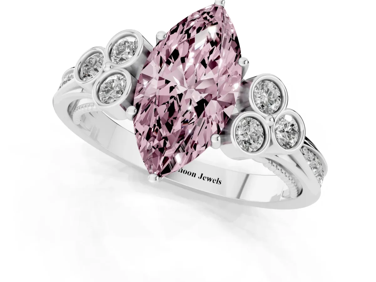 Fancy Pink Marquise Cut Cut Diamond Engagement Ring with Bezel Set Round Side Stones and Prong Setting White gold