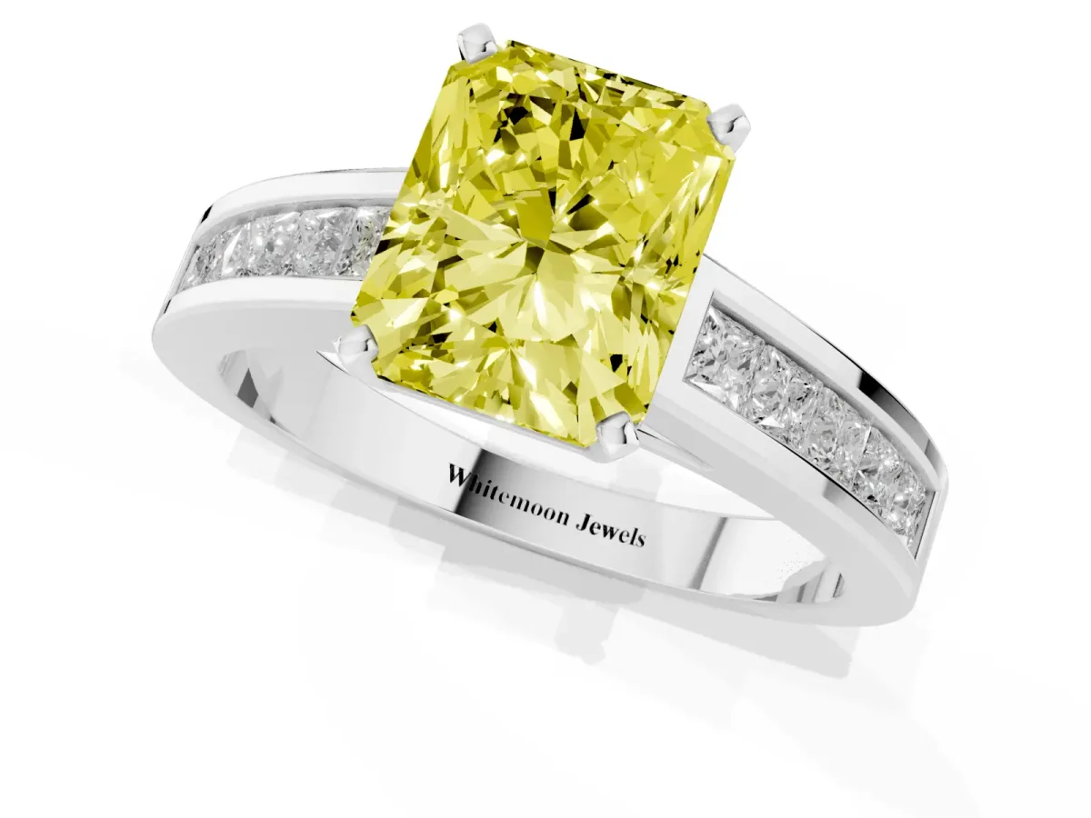 Fancy Yellow Radiant Cut Solitaire Diamond Ring with Channel-Set Band and Four-Prong Setting Silver