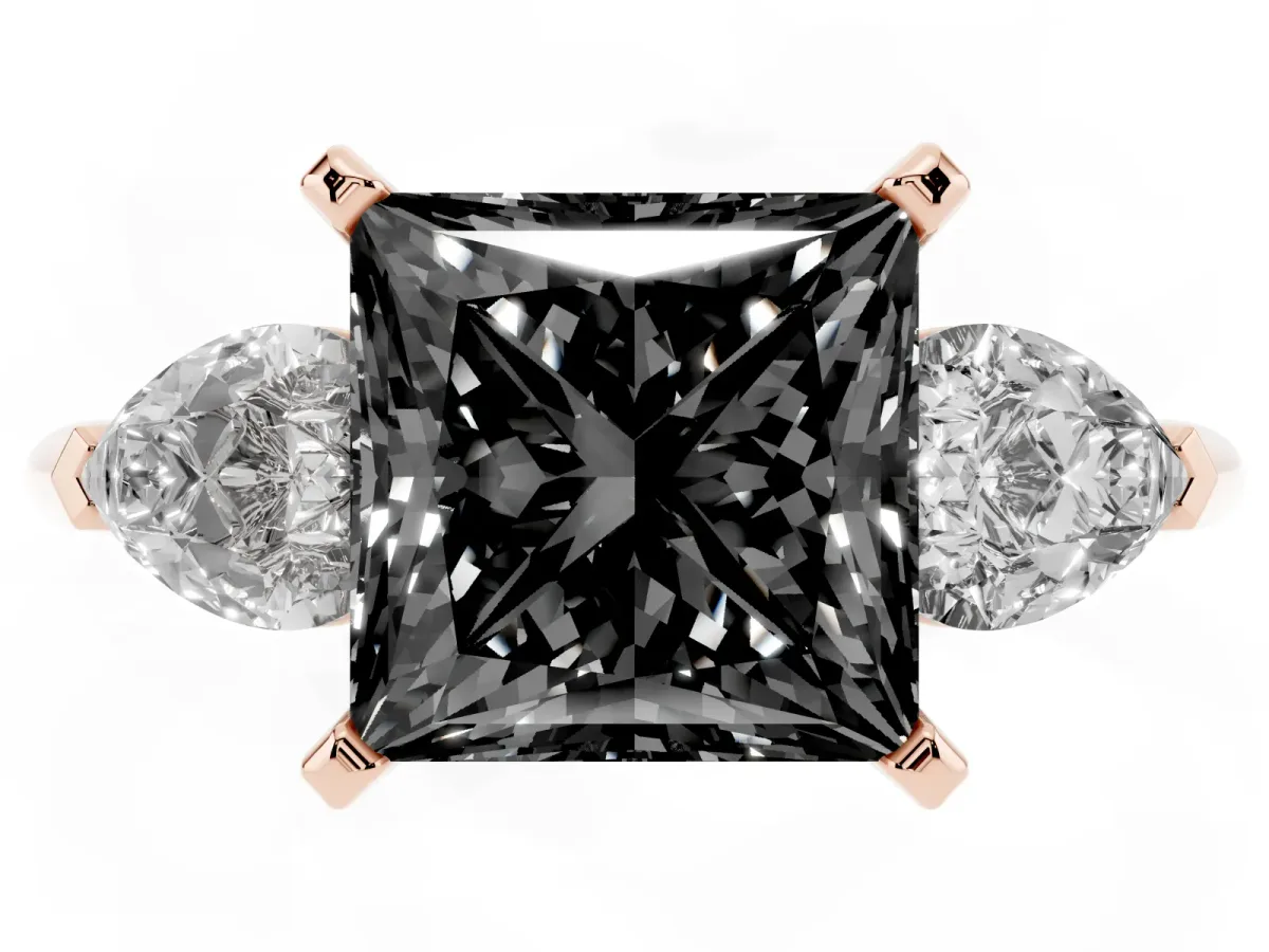 Fancy Black Three-Stone Princess Cut Diamond Ring with Pear Side Stones and Four-Prong Setting Rose gold