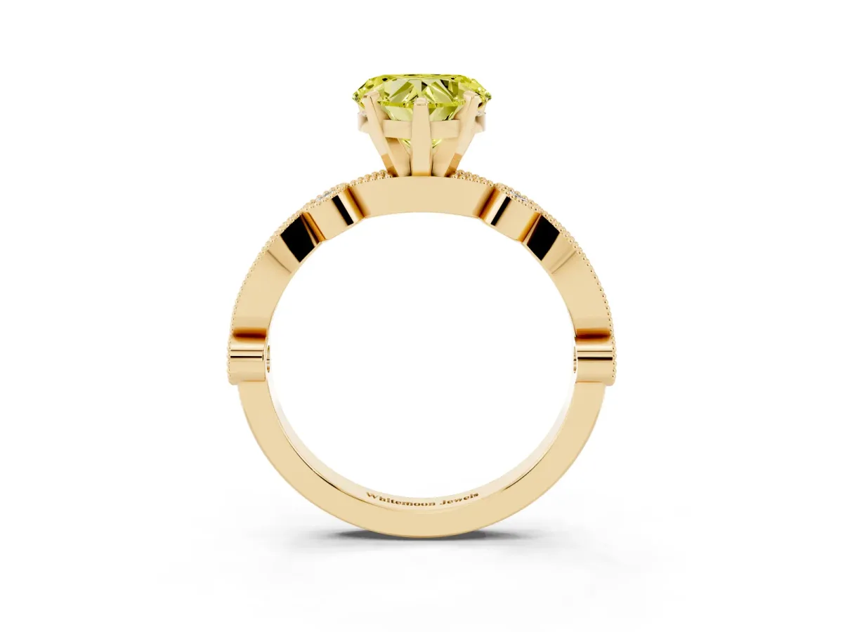Fancy Yellow Heart Cut Milgrain Bezel Diamond Engagement Ring with Solitaire Prong Setting Yellow gold