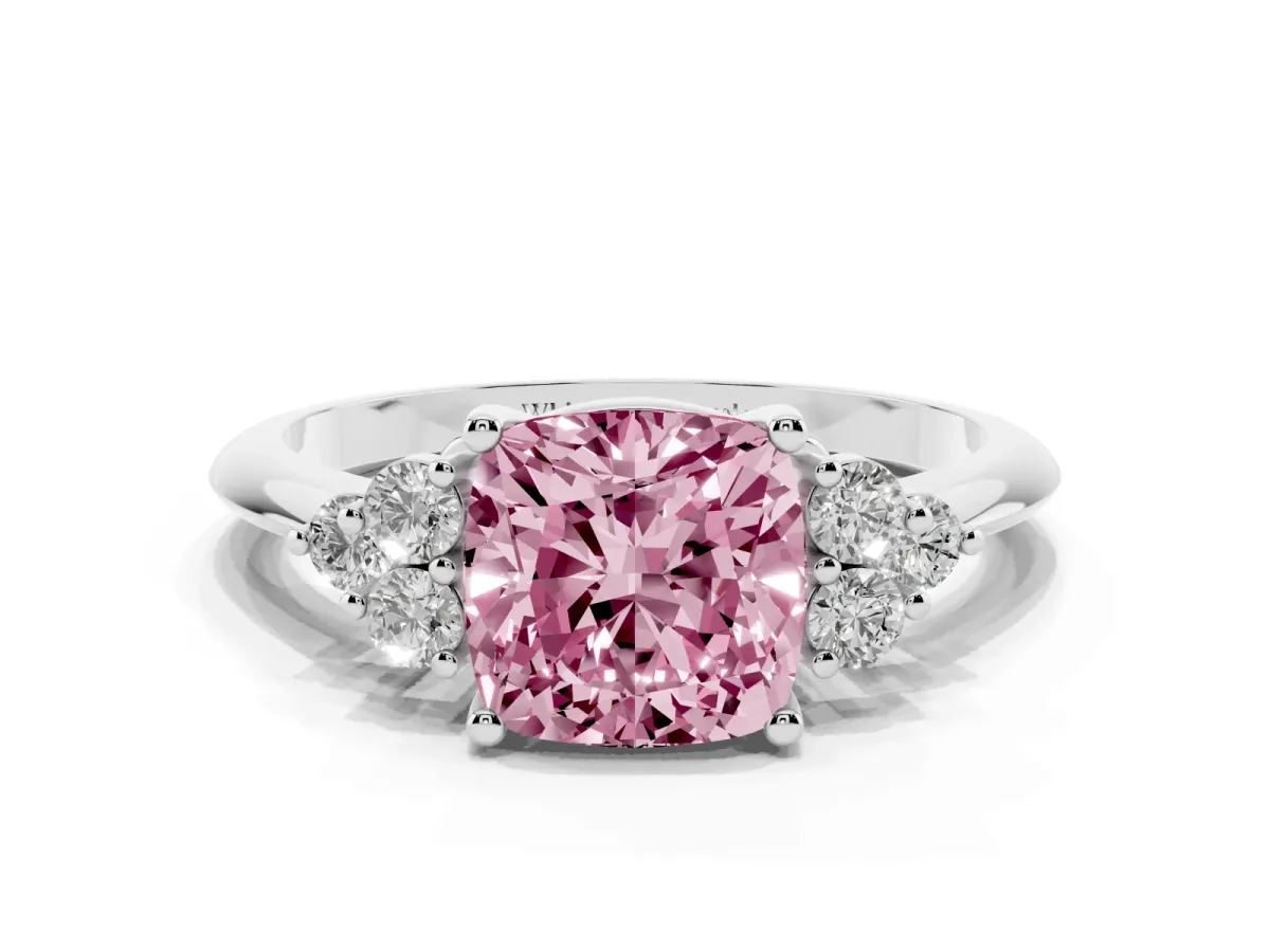 Fancy Pink Cushion Cut Cut Diamond Cluster Ring with Solitaire Band and Four-Prong Setting Silver