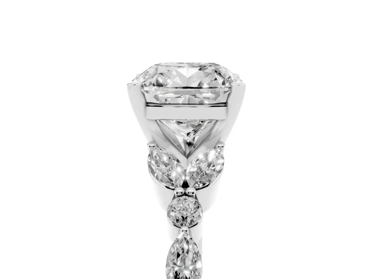 Cushion Cut Diamond Solitaire Ring with Side Stones and Four-Prong Setting Silver
