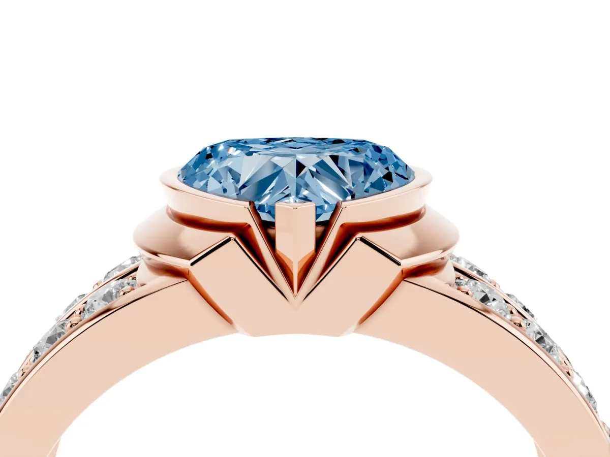 Fancy Blue Heart Cut Brilliant Diamond Channel Set Wide Band Ring with Bezel Setting Rose gold