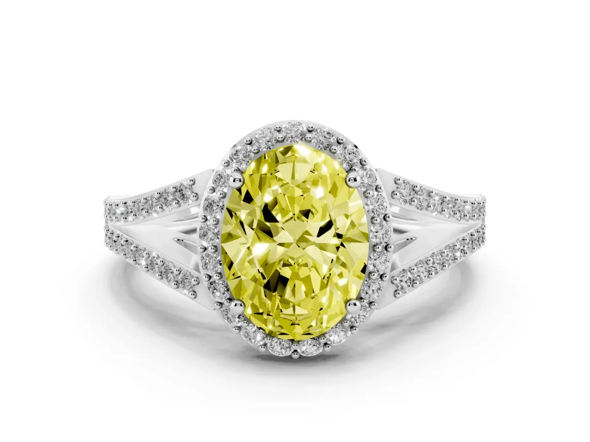 Fancy Yellow Oval Cut Halo Split Shank Pave Diamond Ring with Four-Prong Setting Platinum
