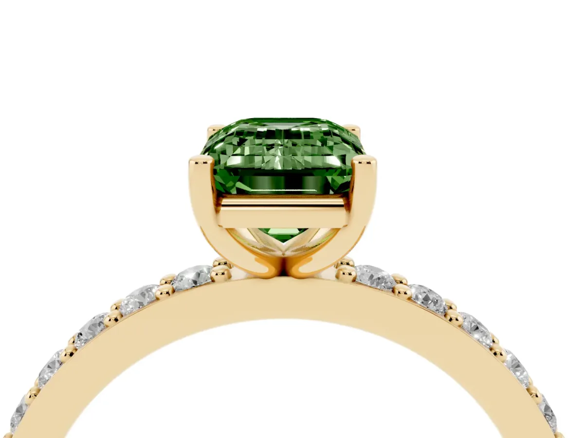 Fancy Green Emerald Cut Cut Diamond Solitaire with Pave Band and Four-Prong Setting Yellow gold