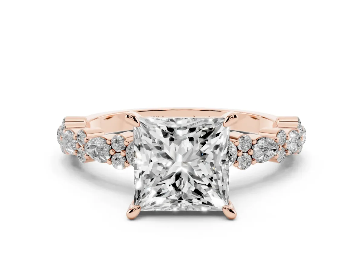 Princess Cut Diamond Side Stone Solitaire Ring with Round and Four-Prong Setting Rose gold