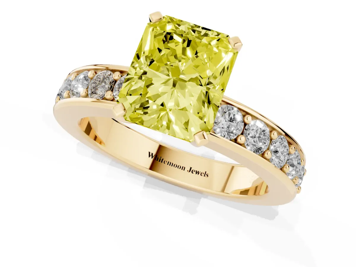 Fancy Yellow Radiant Cut Diamond Engagement Ring with Channel Set Round Band and Prong Setting Yellow gold