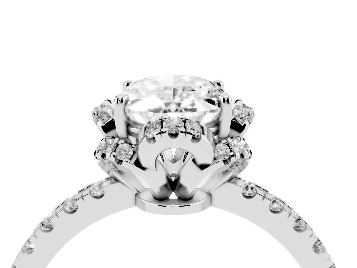 Oval Cut Diamond Halo Pave Band with Four-Prong Setting Silver