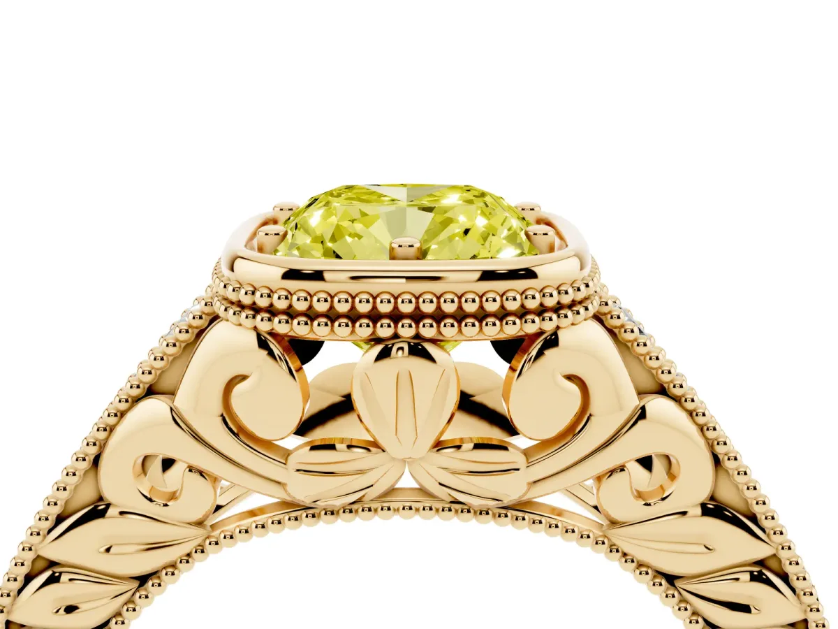 Fancy Yellow Bezel Set Cushion Cut Diamond Milgrain Pave Engagement Ring Yellow gold