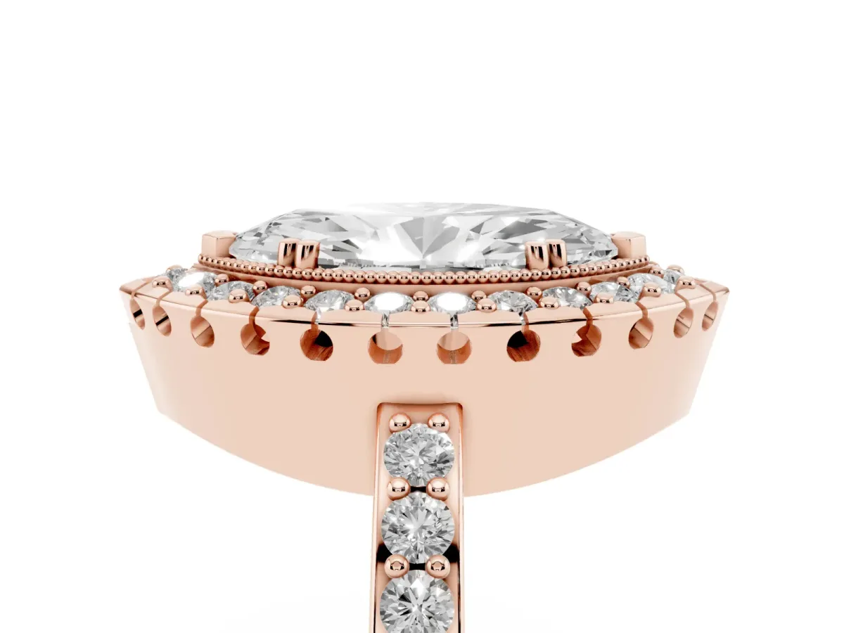 Marquise Cut Diamond Halo Ring with Pavé Band and Prong Setting Rose gold