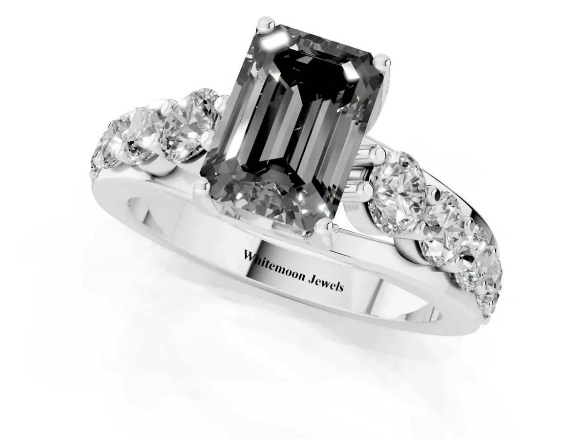 Fancy Black Emerald Cut Diamond Engagement Ring with Pavé Band and Four-Prong Setting Silver