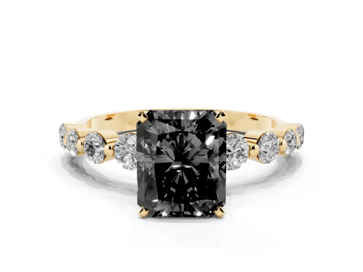 Fancy Black Radiant Cut Solitaire Diamond Ring with Pave Band and Four-Prong Setting Yellow gold