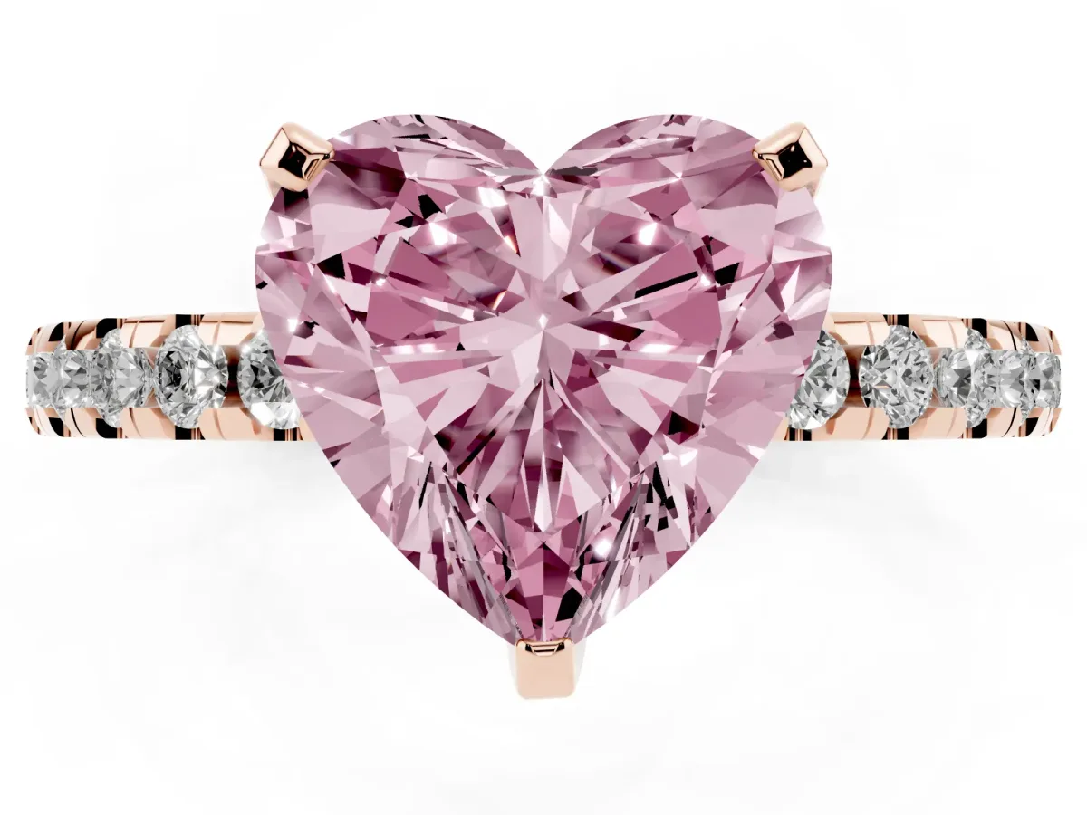 Fancy Pink Heart Cut Diamond Solitaire Ring with Round Pavé Band and Four-Prong Setting Rose gold