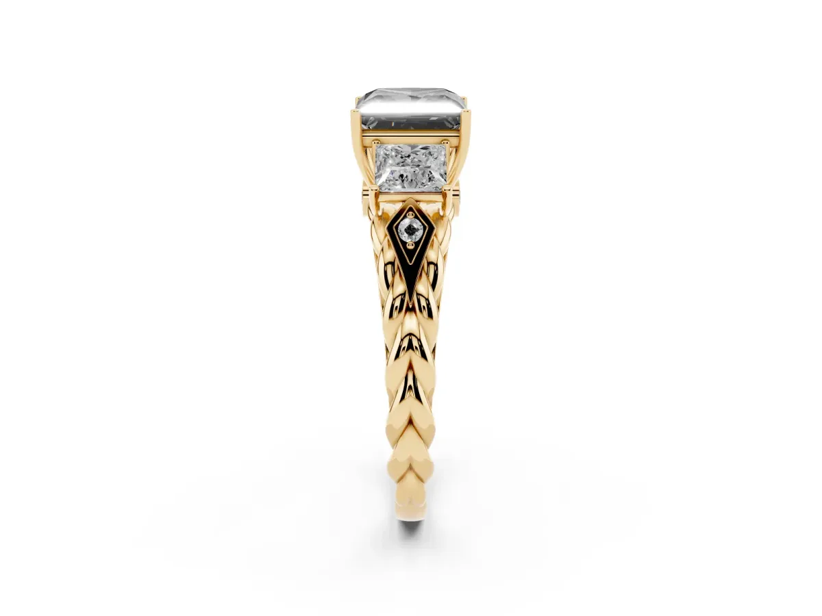 Fancy Black Three-Stone Princess Cut Diamond Braided Band Ring with Four-Prong Setting Yellow gold
