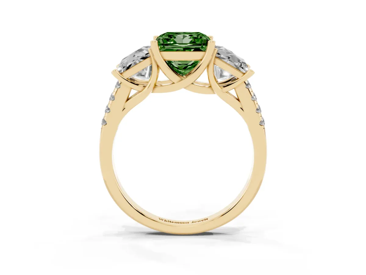 Fancy Green Three-Stone Princess Cut Diamond Ring with Round Pavé Band and Prong Setting Yellow gold