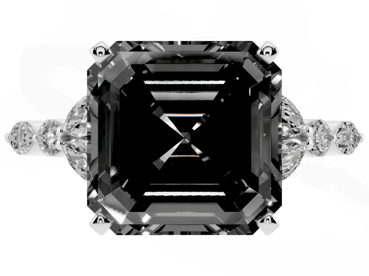 Fancy Black Asscher Cut Diamond Solitaire Ring with Side Stones and Four-Prong Setting White gold