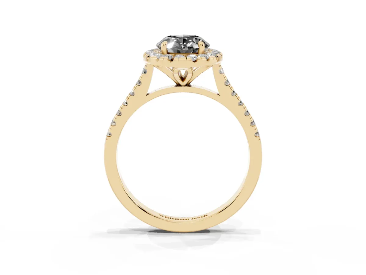 Fancy Black Oval Cut Diamond Cushion Halo Ring with Pavé Band Yellow gold