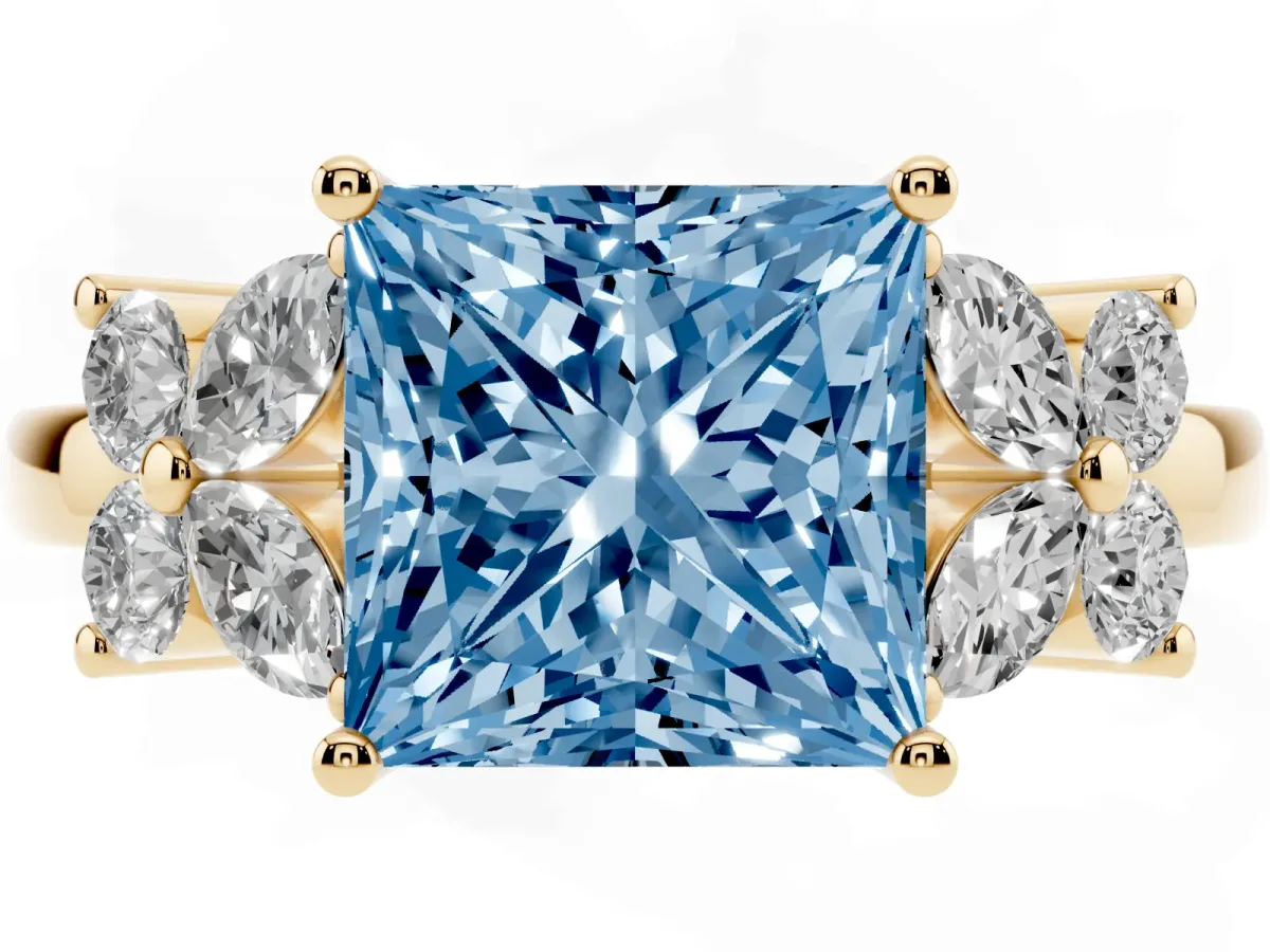 Fancy Blue Princess Cut Diamond Floral Cluster Ring with Solitaire Band and Prong Setting Yellow gold