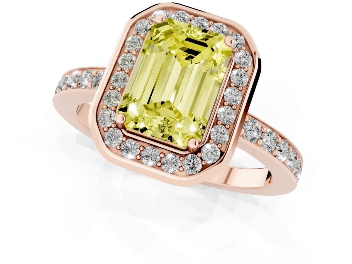 Fancy Yellow Emerald Cut Diamond Halo Ring with Bezel Frame and Pavé Band Rose gold