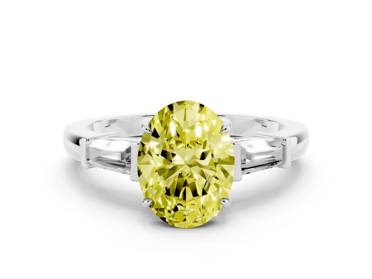 Fancy Yellow Oval Cut Diamond Three-Stone Ring with Tapered Baguette Side Stones and Prong Setting Silver