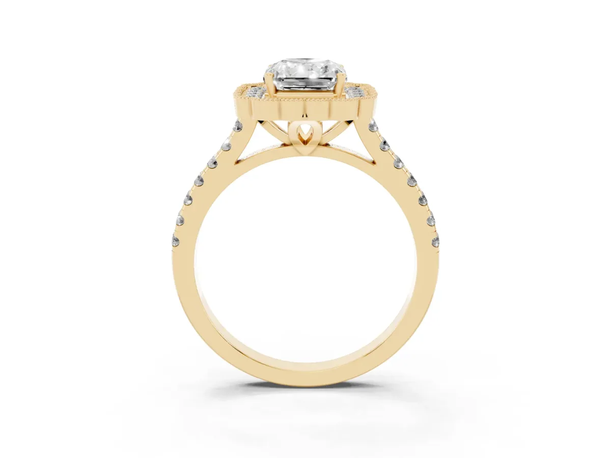 Radiant Cut Cut Diamond Milgrain Floral Halo Engagement Ring with Pavé Band Yellow gold
