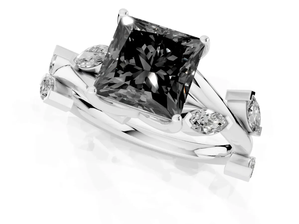 Fancy Black Princess Cut Solitaire Twisted Band Marquise Accent Prong Setting Ring Platinum