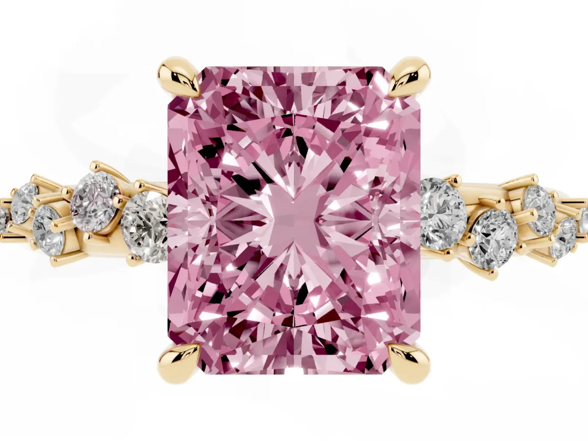 Fancy Pink Radiant Cut Cut Diamond Vine Band with Four-Prong Setting Yellow gold