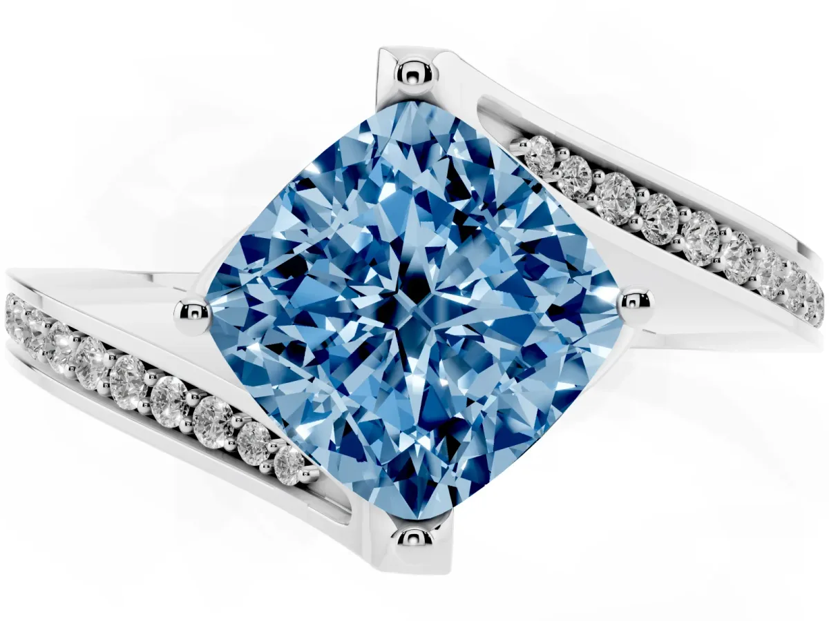 Fancy Blue Cushion Cut Solitaire Diamond Twist Band with Pavé Setting and Four-Prong Setting White gold