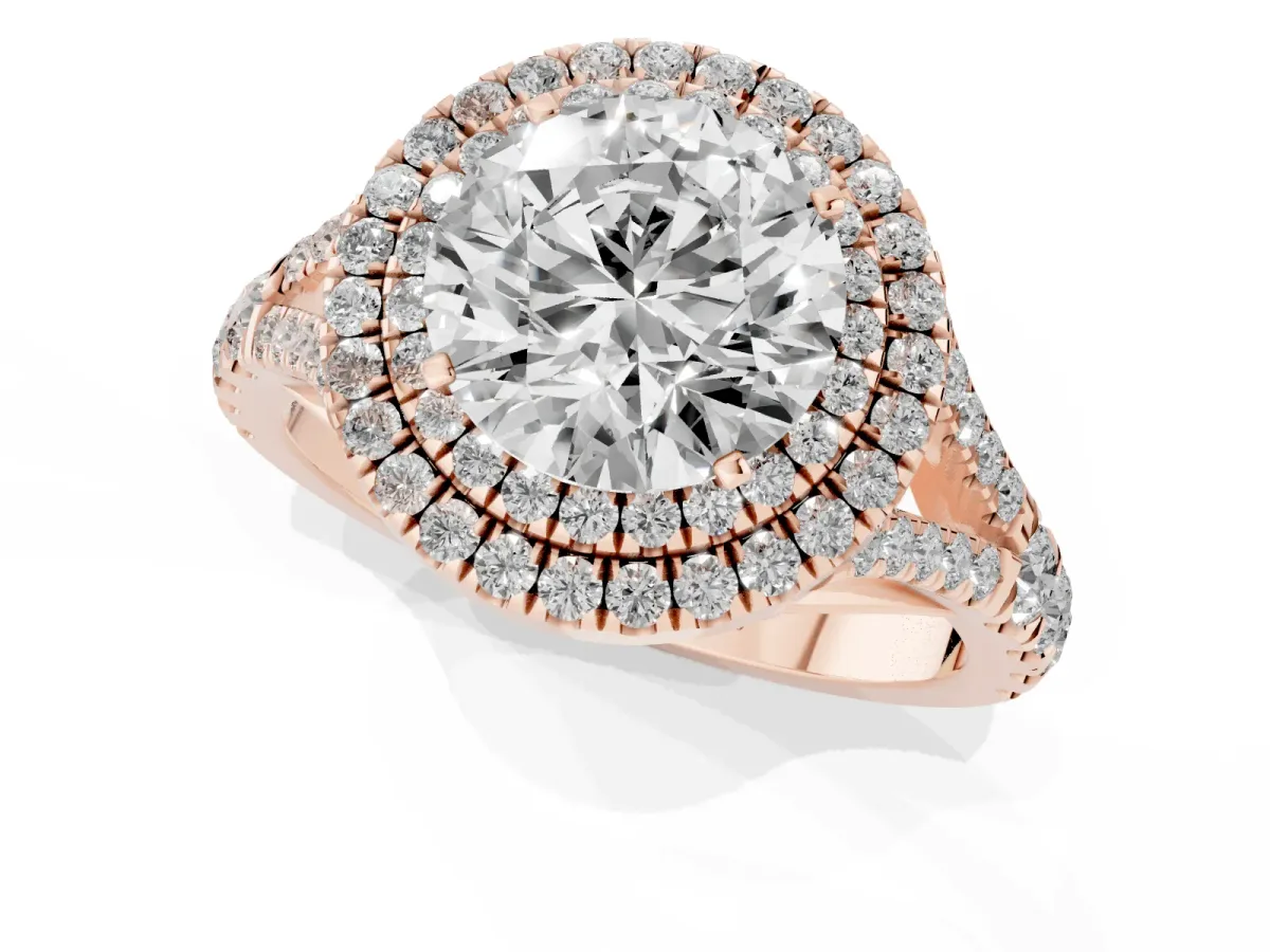 Round Cut Diamond Double Halo Ring with Split Shank and Prong Setting Rose gold